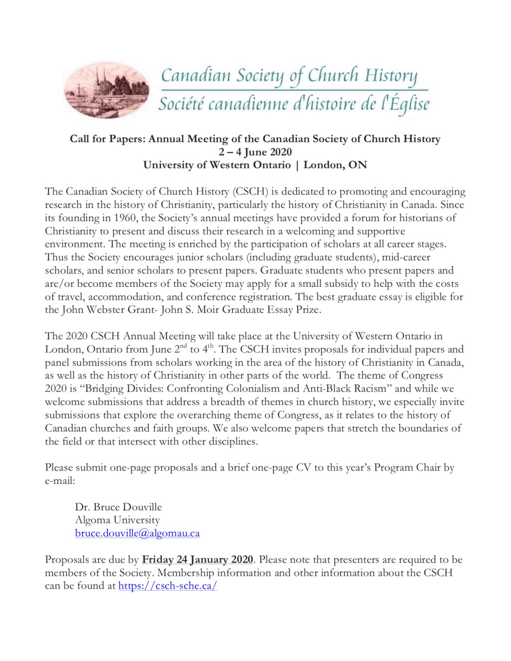 NEWS | Call for Papers: Canadian Society of Church History, June&nbsp;2020