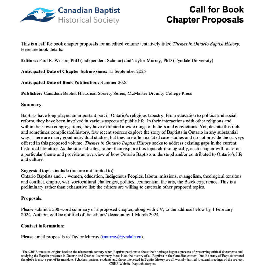 NEWS | Call for Chapter Proposals: Themes in Ontario Baptist&nbsp;History